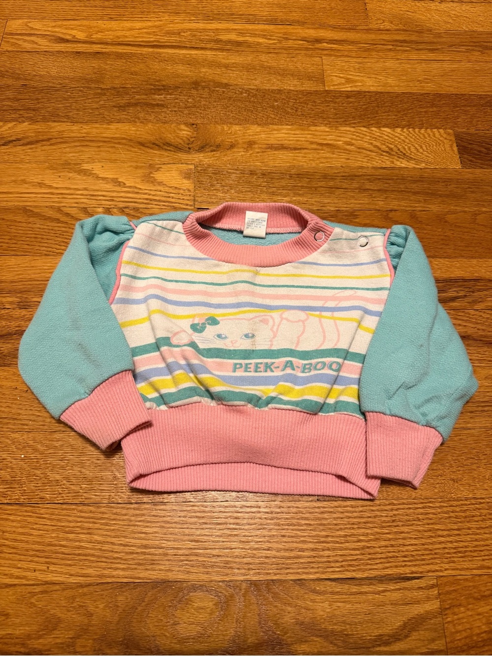 Vintage 80s Cute Cat Sweater, Peek a Boo Pastel New Wave Sweatshirt Baby 18 Mos.